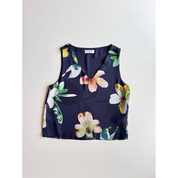 Aritzia BABATON Murphy Navy Floral Matte Satin Cropped V-Neck Blouse, Size XS - Picture 5 of 13